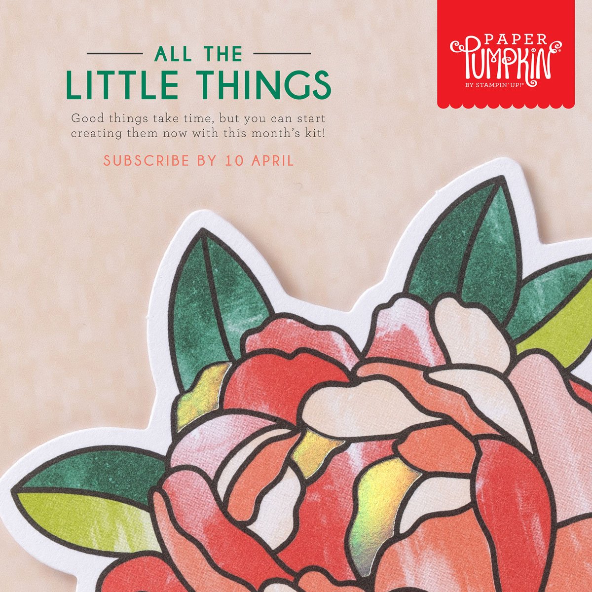 Good things take time, but you can start creating them now with the All the Little Things Paper Pumpkin kit! This kit includes nine cards, three each of three designs, with elegant designs and bright colors. The iridescent foil is the shining detail to bring your crafts together. You can make a card for anyone and for any occasion!</p>
<p>And don’t wait, because anyone who subscribes to this month’s kit will get a FREE box organizer! This organizer fits perfectly inside your Paper Pumpkin box and is great for keeping your supplies from past kits organized, so you know right where everything is! 